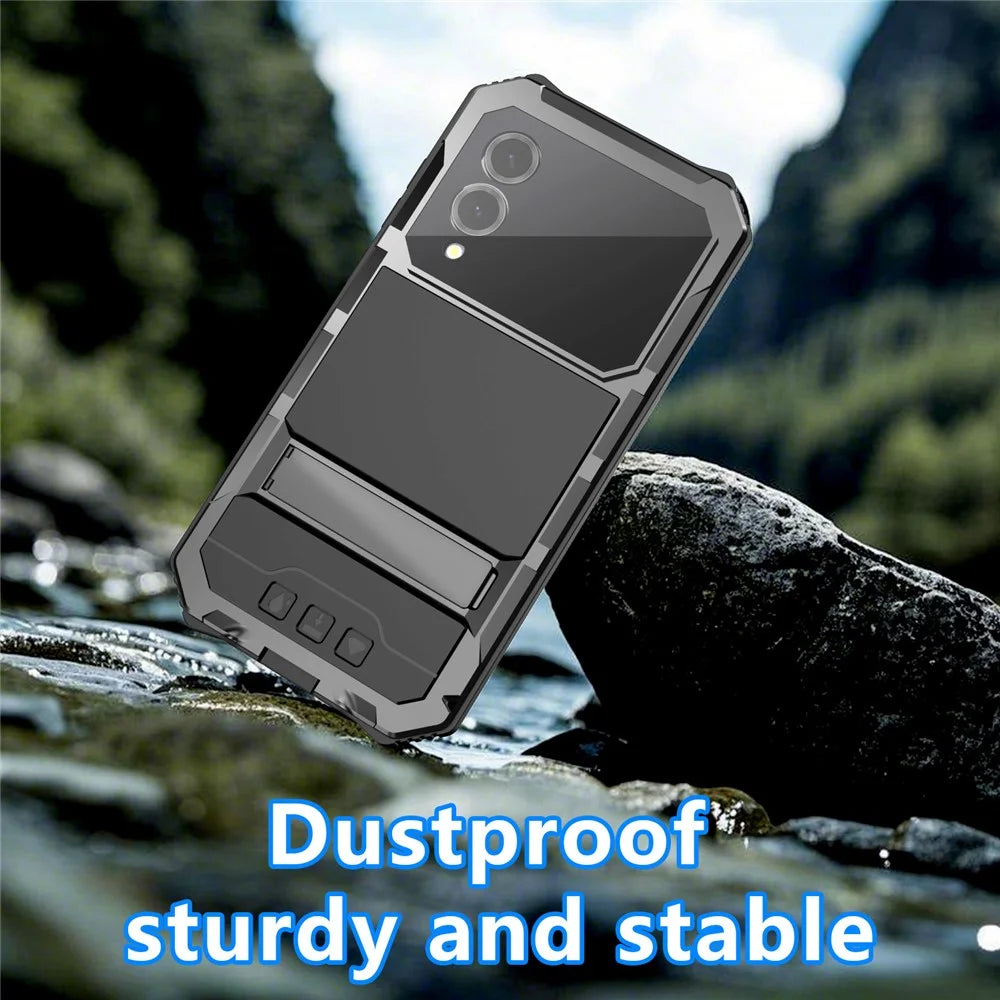 R-JUST For Samsung Galaxy S25 Edge Case PC + Silicone + Metal Kickstand Phone Cover with Tempered Glass Film - Black - 3