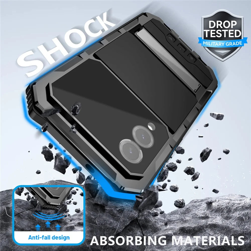 R-JUST For Samsung Galaxy S25 Edge Case PC + Silicone + Metal Kickstand Phone Cover with Tempered Glass Film - Black - 4
