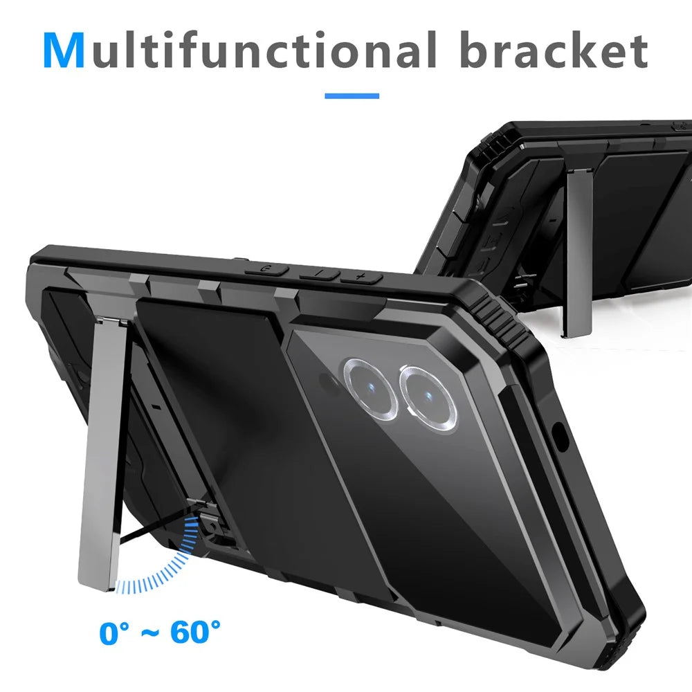 R-JUST For Samsung Galaxy S25 Edge Case PC + Silicone + Metal Kickstand Phone Cover with Tempered Glass Film - Black - 5