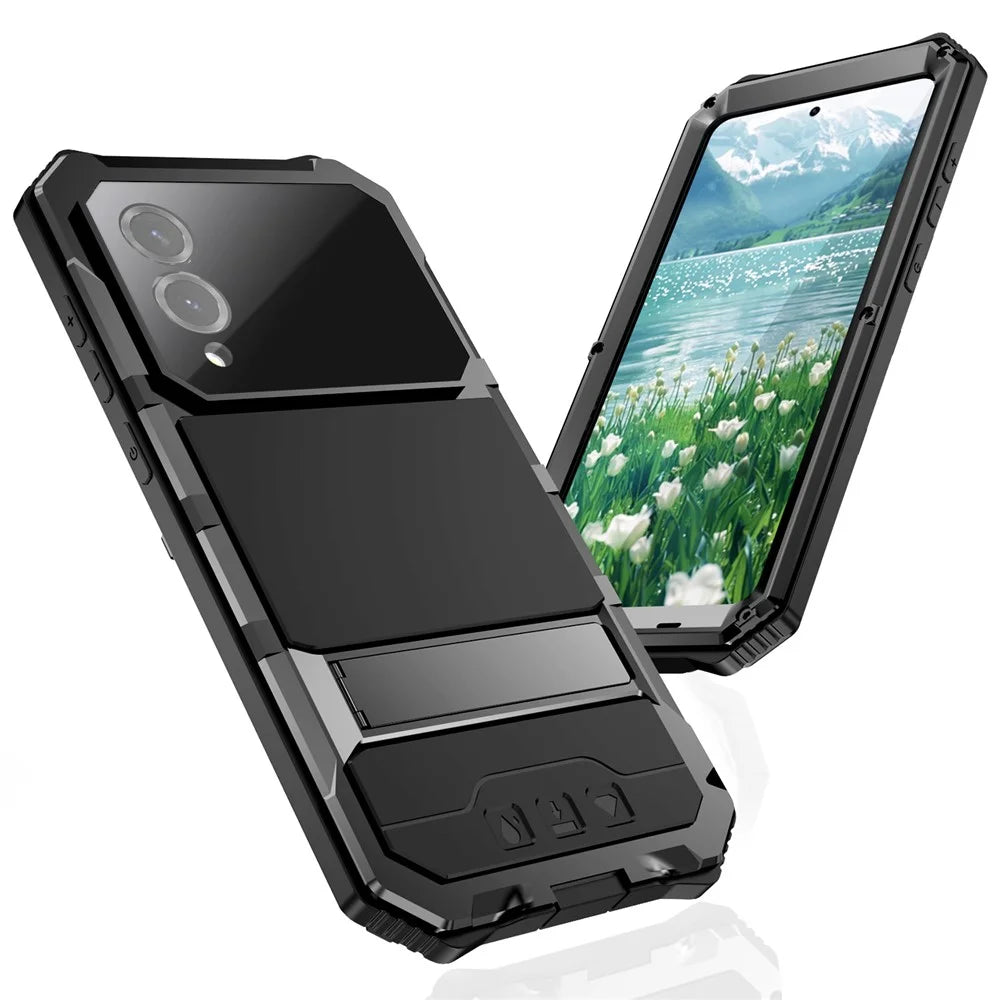 R-JUST For Samsung Galaxy S25 Edge Case PC + Silicone + Metal Kickstand Phone Cover with Tempered Glass Film - Black - 6