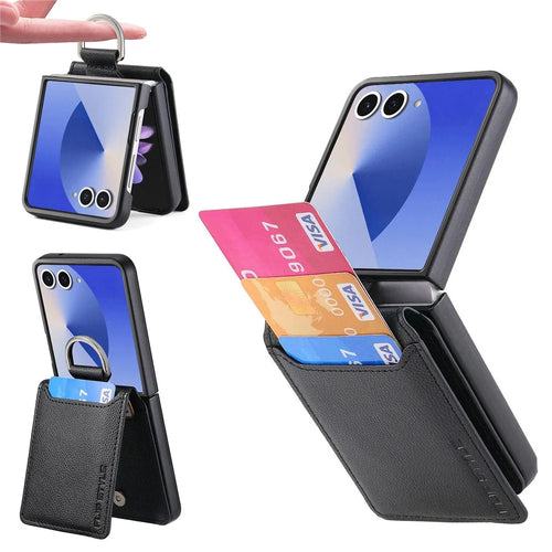 For Samsung Galaxy Z Flip7 5G Case Card Holder Kickstand PU + PC Phone Cover with Finger Ring - Black - 1