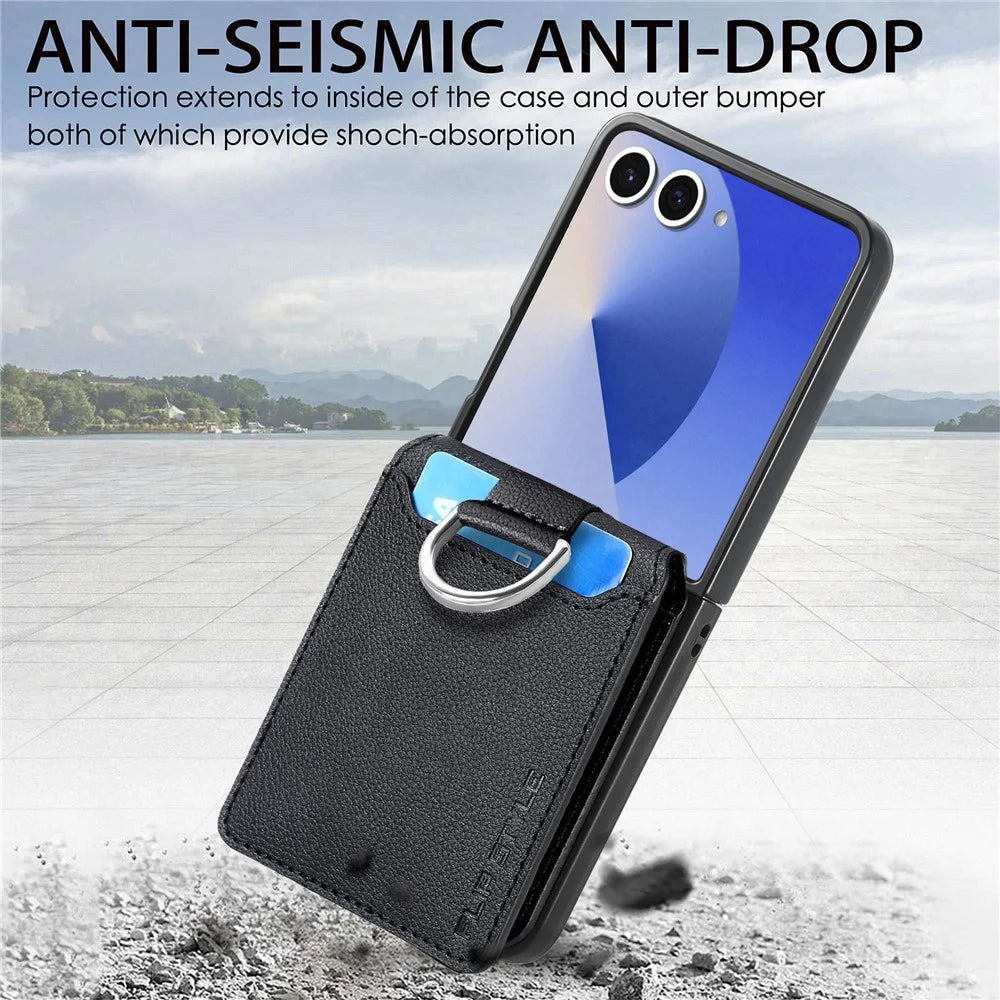 For Samsung Galaxy Z Flip7 5G Case Card Holder Kickstand PU + PC Phone Cover with Finger Ring - Black - 7