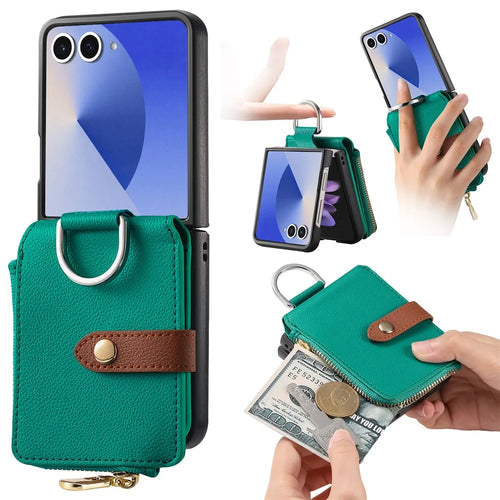 For Samsung Galaxy Z Flip7 5G Case Zipper Pocket Leather + PC Phone Cover with Ring Holder - Green - 1