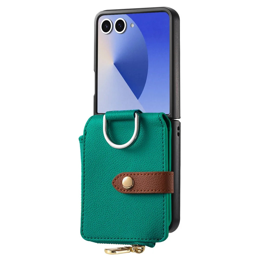 For Samsung Galaxy Z Flip7 5G Case Zipper Pocket Leather + PC Phone Cover with Ring Holder - Green - 2