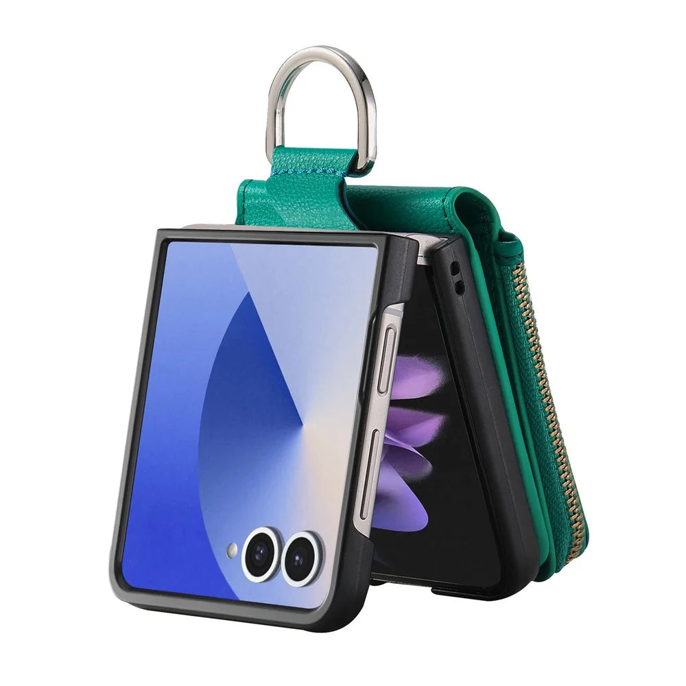 For Samsung Galaxy Z Flip7 5G Case Zipper Pocket Leather + PC Phone Cover with Ring Holder - Green - 3