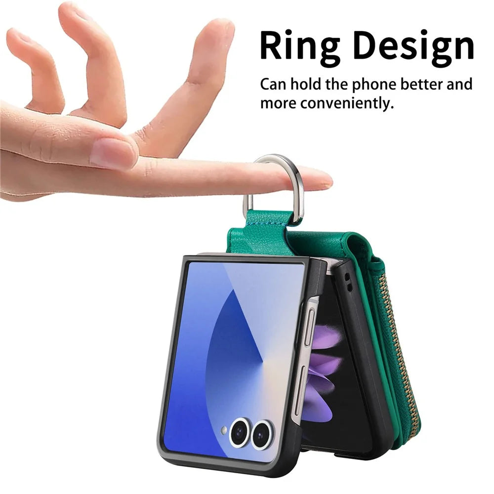 For Samsung Galaxy Z Flip7 5G Case Zipper Pocket Leather + PC Phone Cover with Ring Holder - Green - 4