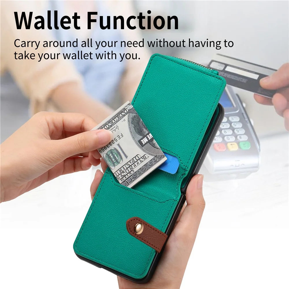 For Samsung Galaxy Z Flip7 5G Case Zipper Pocket Leather + PC Phone Cover with Ring Holder - Green - 5
