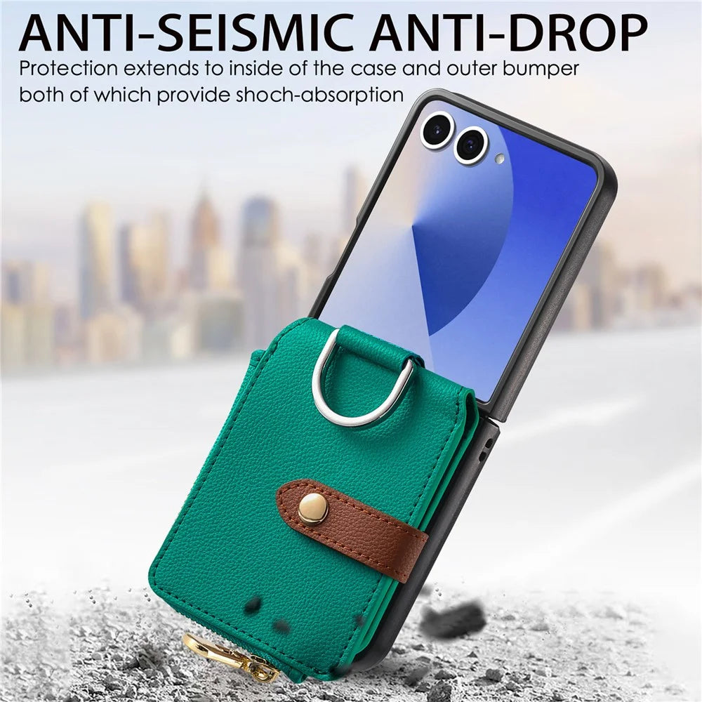 For Samsung Galaxy Z Flip7 5G Case Zipper Pocket Leather + PC Phone Cover with Ring Holder - Green - 6