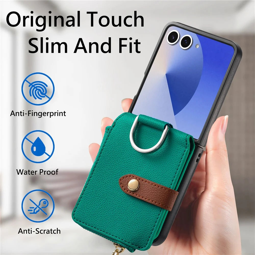 For Samsung Galaxy Z Flip7 5G Case Zipper Pocket Leather + PC Phone Cover with Ring Holder - Green - 7