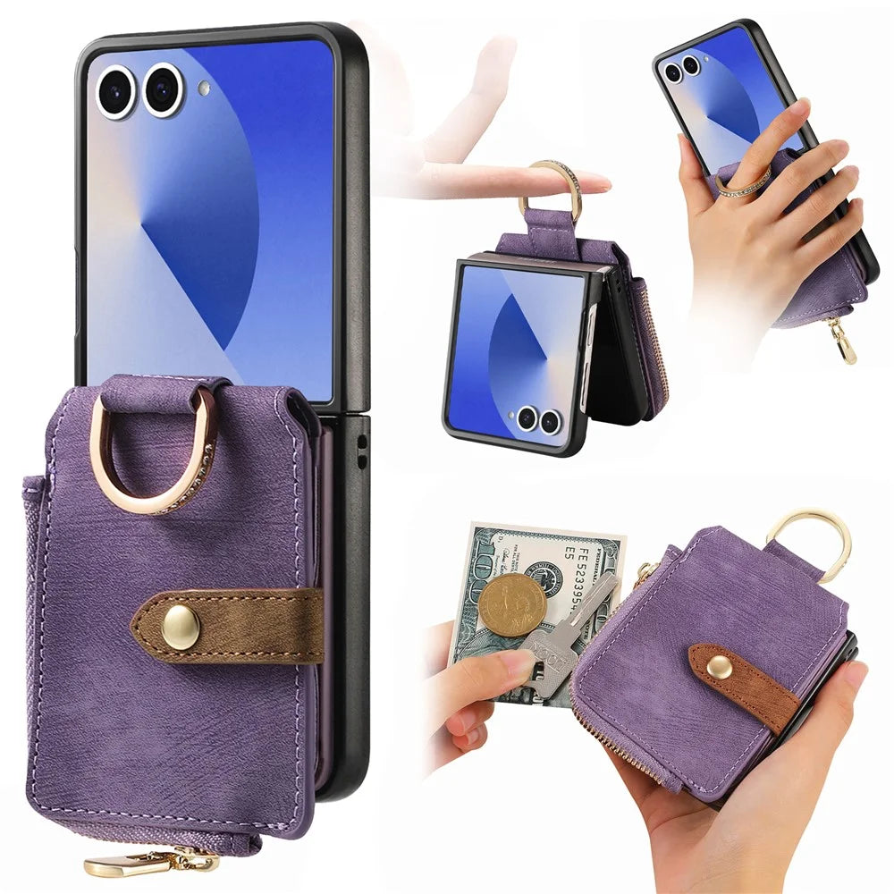 For Samsung Galaxy Z Flip7 5G Case Zipper Pocket Card Holder Retro Texture Leather Back Cover - Purple - 1