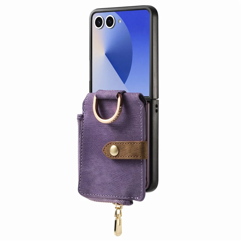 For Samsung Galaxy Z Flip7 5G Case Zipper Pocket Card Holder Retro Texture Leather Back Cover - Purple - 2