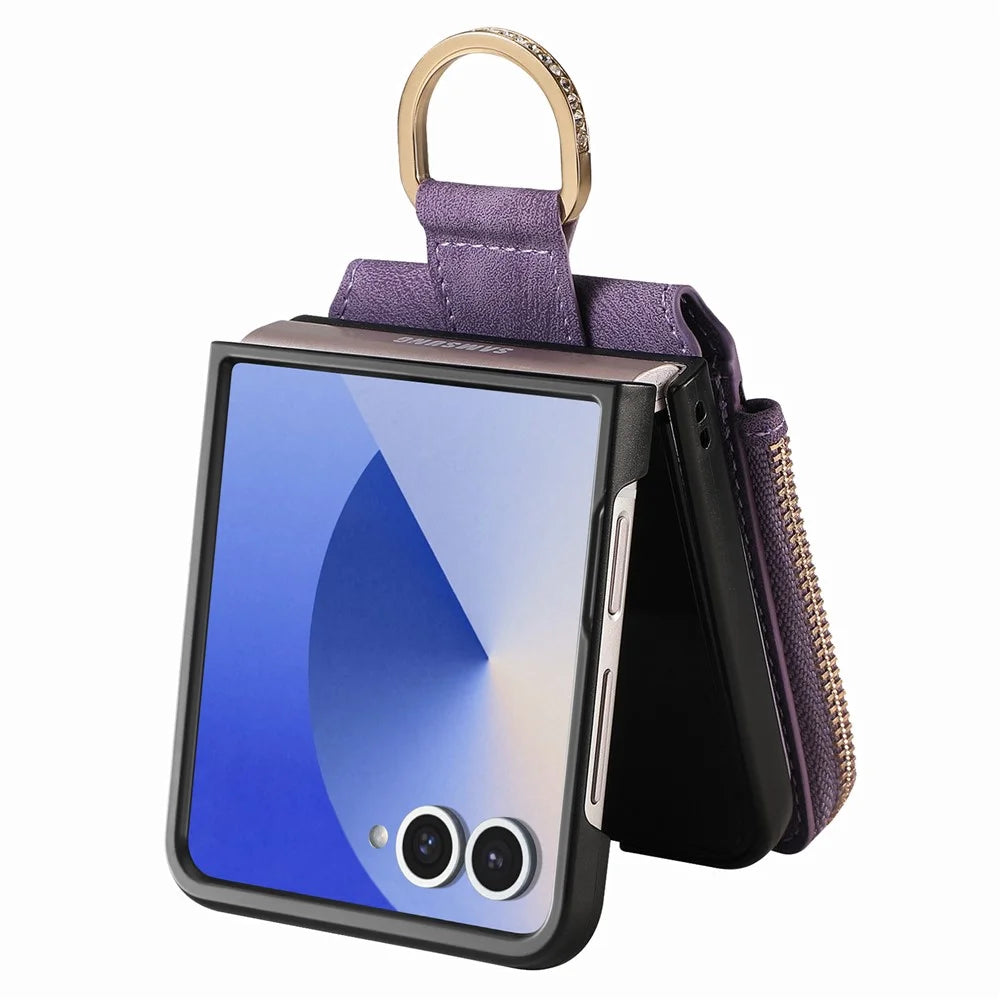 For Samsung Galaxy Z Flip7 5G Case Zipper Pocket Card Holder Retro Texture Leather Back Cover - Purple - 3