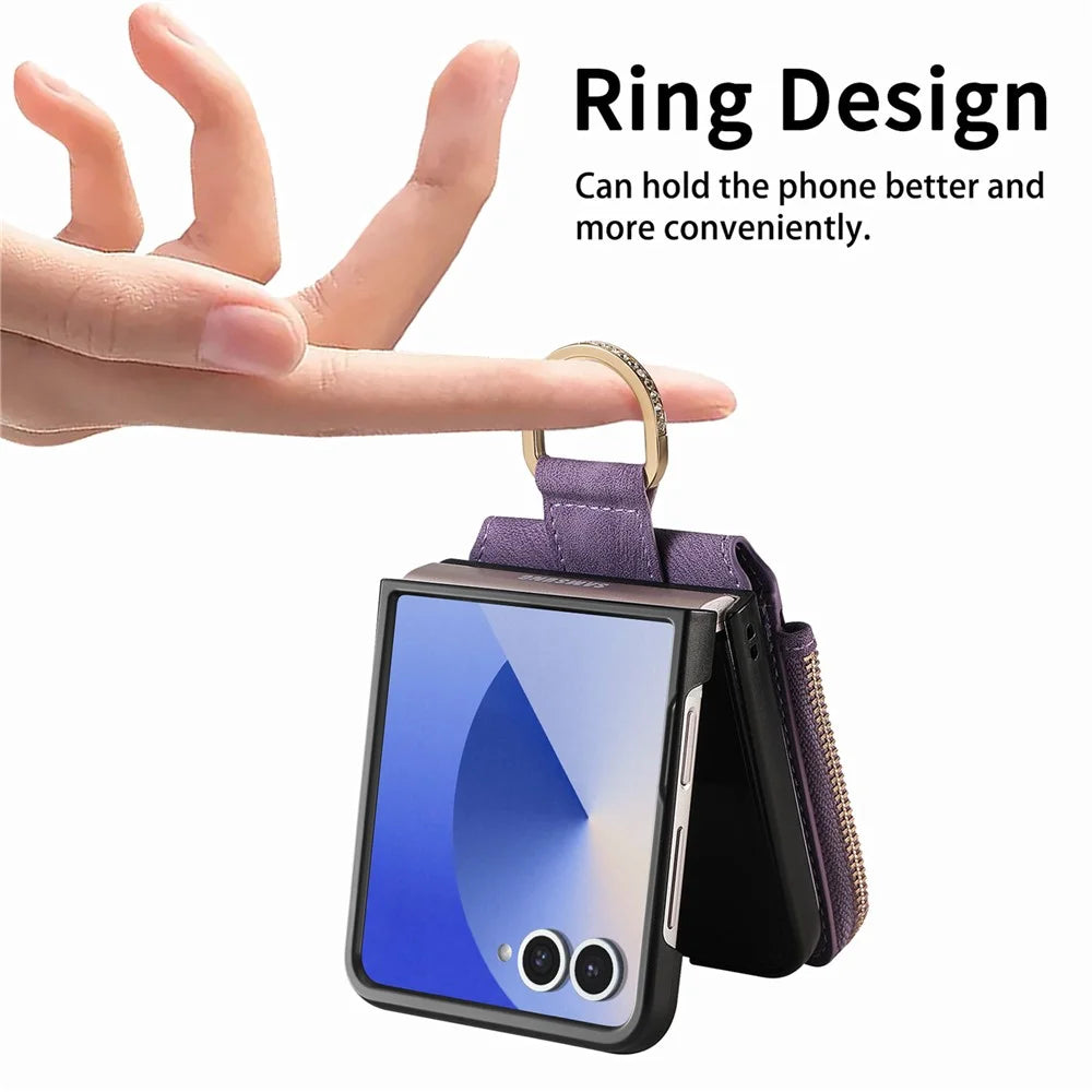 For Samsung Galaxy Z Flip7 5G Case Zipper Pocket Card Holder Retro Texture Leather Back Cover - Purple - 4