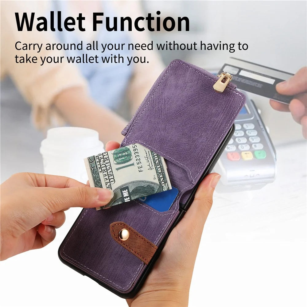 For Samsung Galaxy Z Flip7 5G Case Zipper Pocket Card Holder Retro Texture Leather Back Cover - Purple - 5