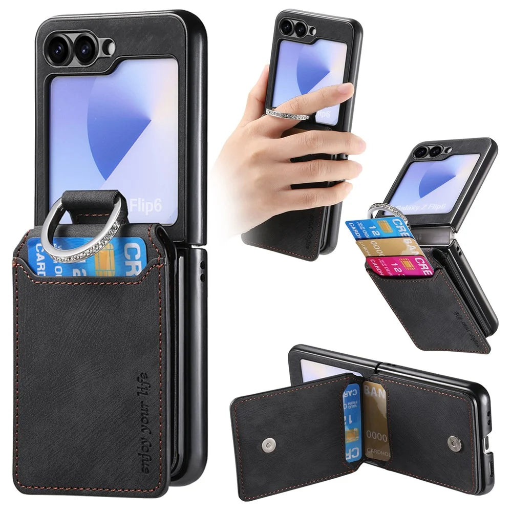 For Samsung Galaxy Z Flip5 5G Case Card Holder Kickstand Retro Texture Leather Back Cover - Black - 1