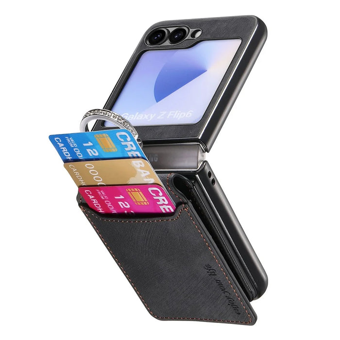 For Samsung Galaxy Z Flip5 5G Case Card Holder Kickstand Retro Texture Leather Back Cover - Black - 2