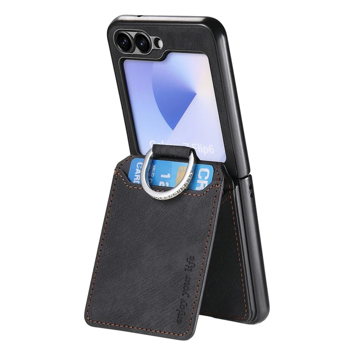 For Samsung Galaxy Z Flip5 5G Case Card Holder Kickstand Retro Texture Leather Back Cover - Black - 3