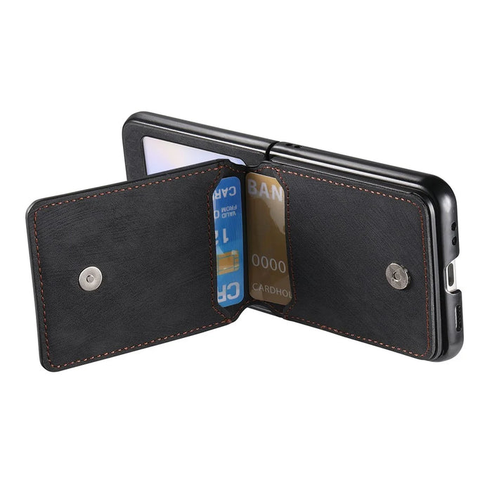 For Samsung Galaxy Z Flip5 5G Case Card Holder Kickstand Retro Texture Leather Back Cover - Black - 5