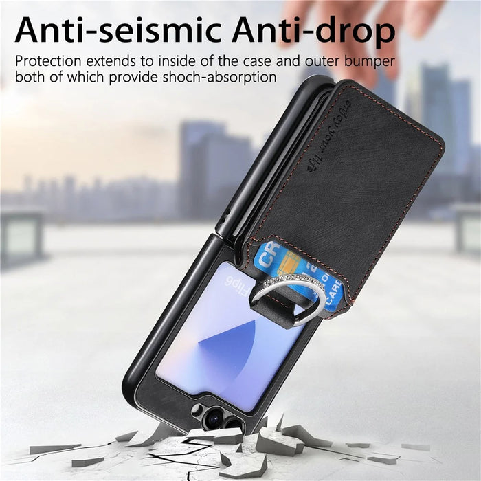 For Samsung Galaxy Z Flip5 5G Case Card Holder Kickstand Retro Texture Leather Back Cover - Black - 7