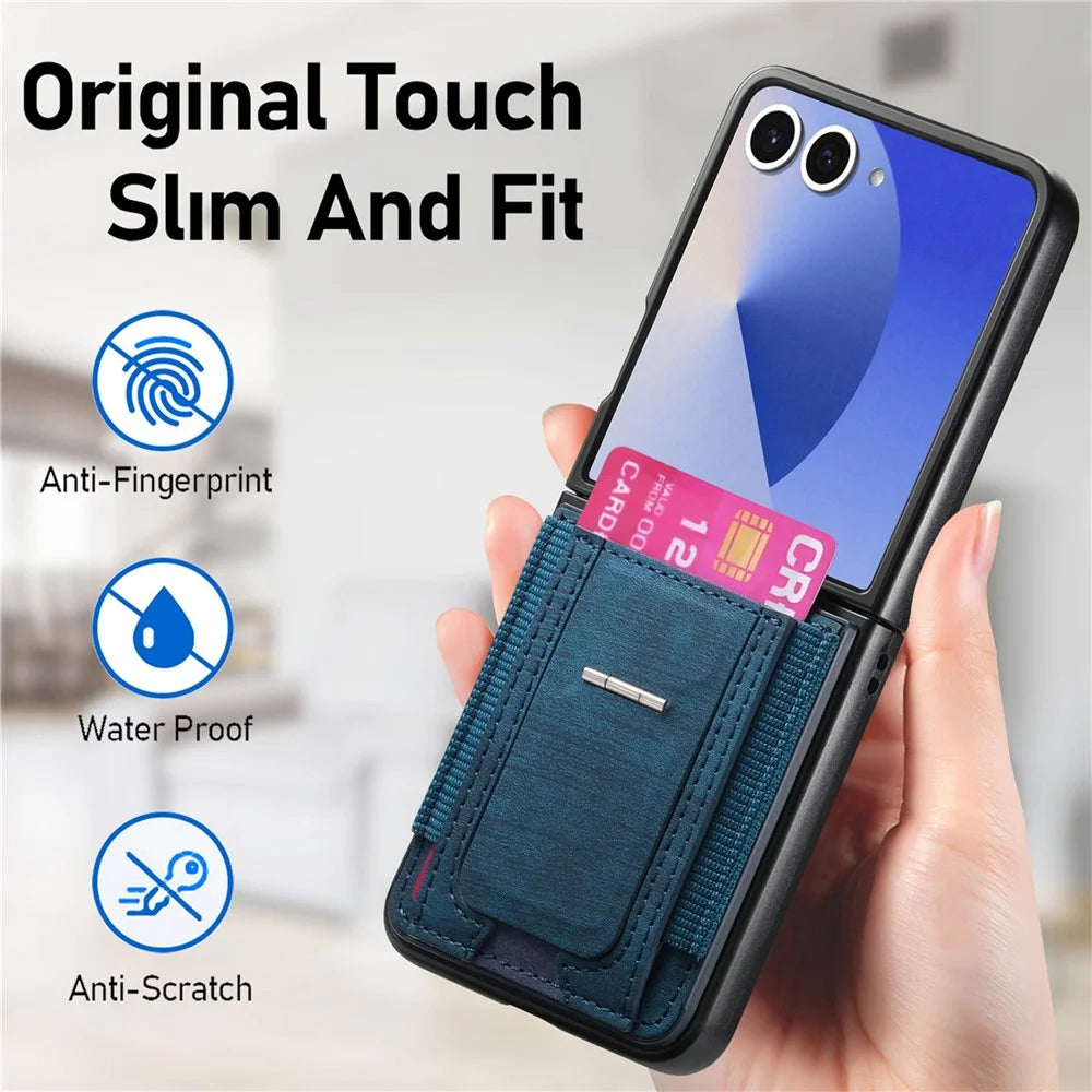 For Samsung Galaxy Z Flip7 5G Case Kickstand Retro Leather Back Cover with Card Holder - Blue - 7