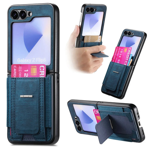 For Samsung Galaxy Z Flip5 5G Case Kickstand Retro Leather Back Cover with Card Holder - Blue - 1