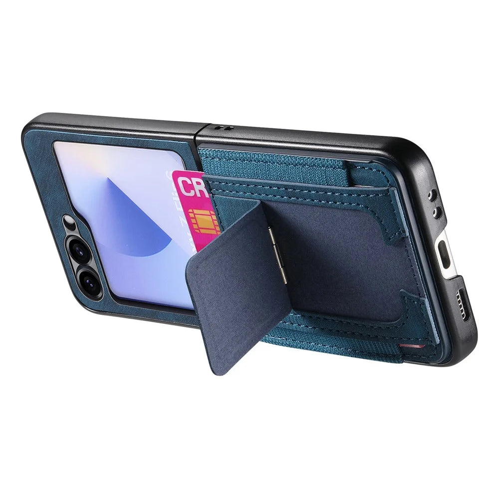 For Samsung Galaxy Z Flip5 5G Case Kickstand Retro Leather Back Cover with Card Holder - Blue - 3
