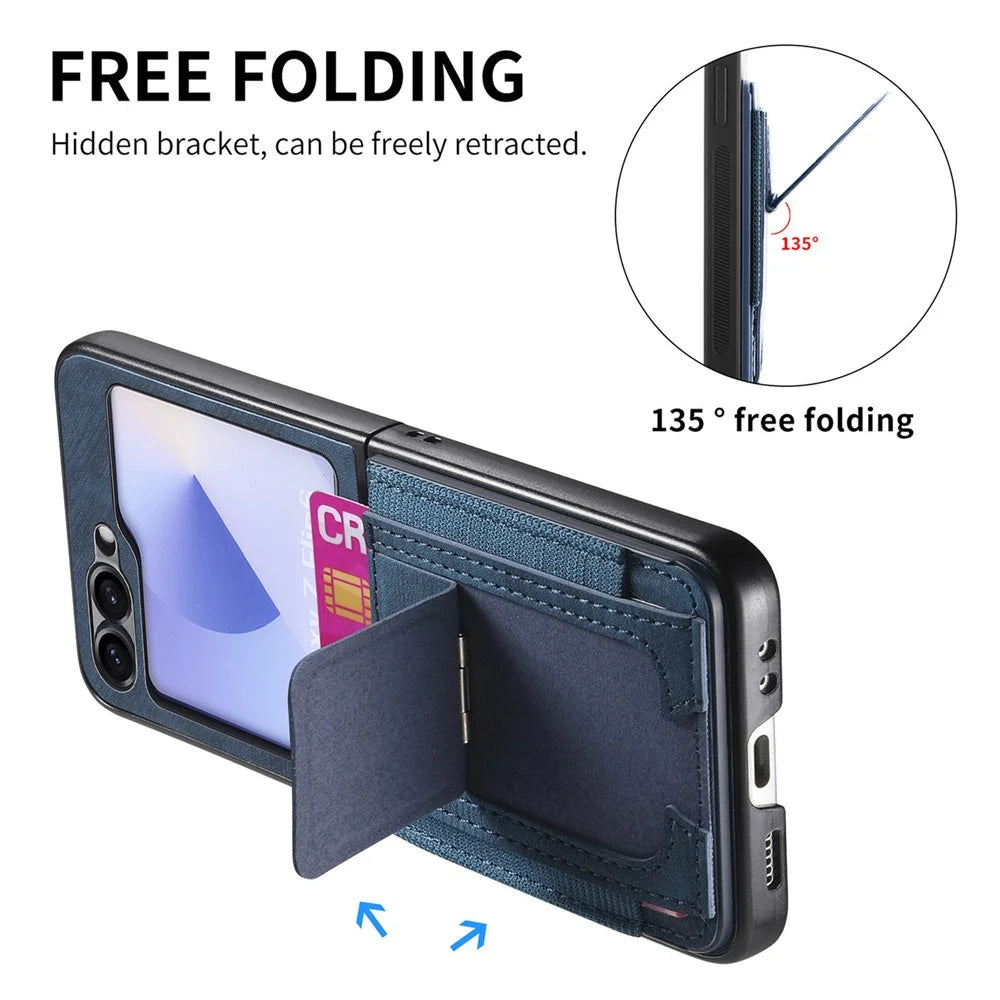 For Samsung Galaxy Z Flip5 5G Case Kickstand Retro Leather Back Cover with Card Holder - Blue - 5