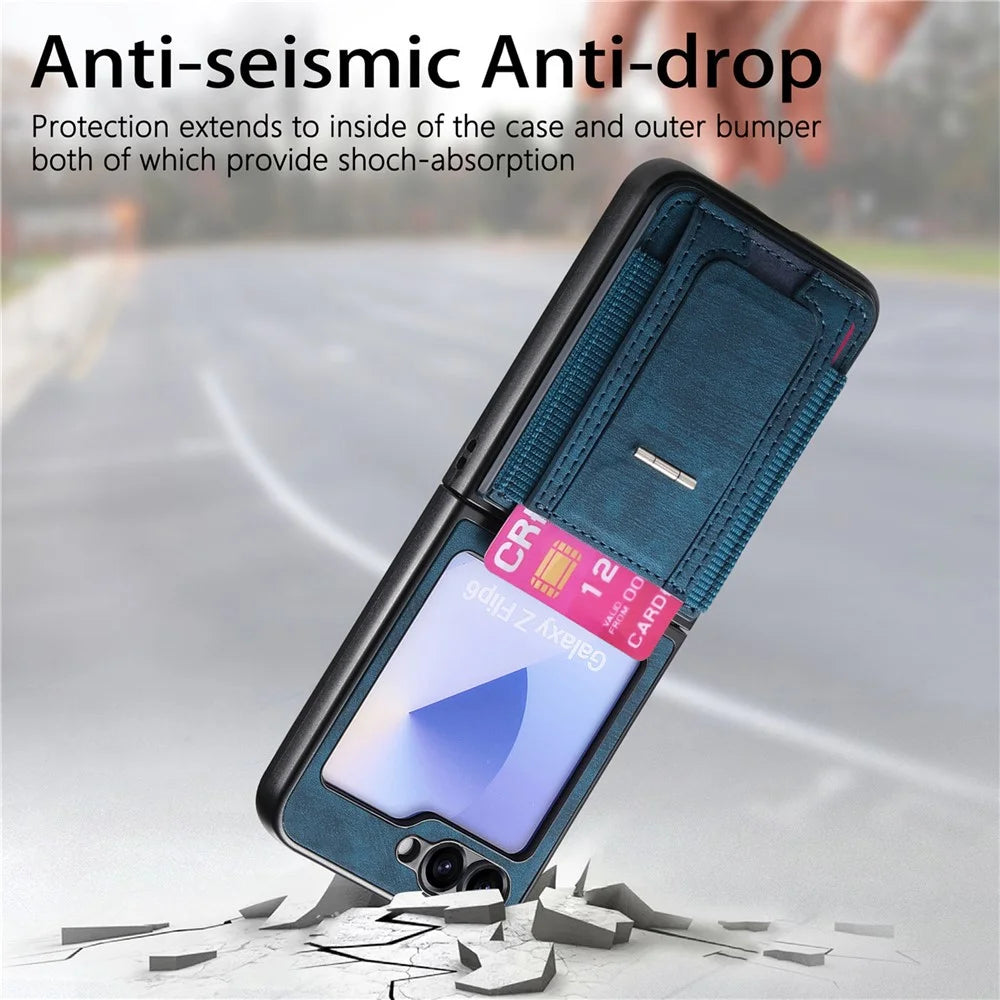 For Samsung Galaxy Z Flip5 5G Case Kickstand Retro Leather Back Cover with Card Holder - Blue - 6