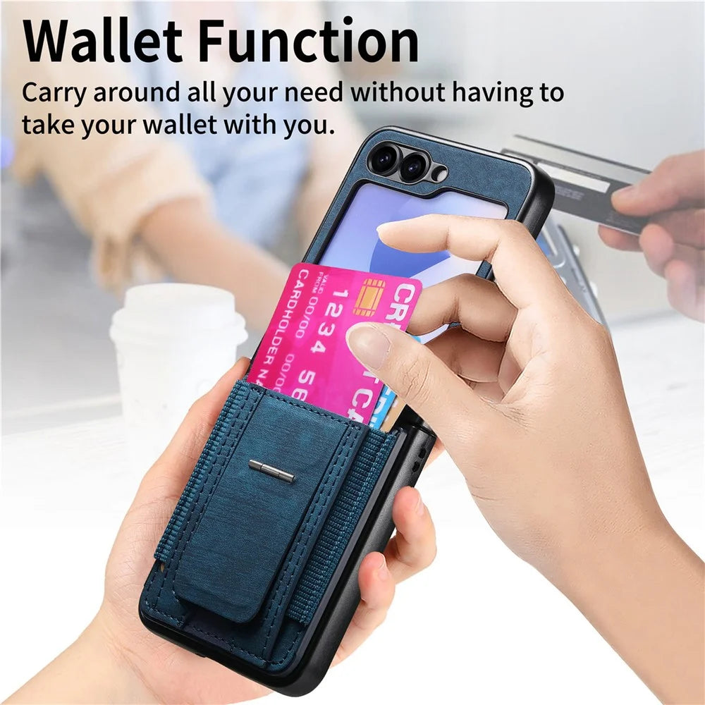 For Samsung Galaxy Z Flip5 5G Case Kickstand Retro Leather Back Cover with Card Holder - Blue - 7