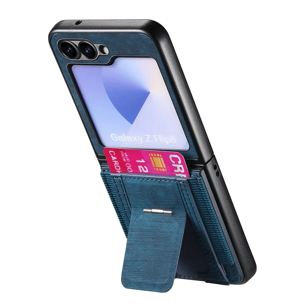 For Samsung Galaxy Z Flip7 FE 5G / Z Flip6 5G Case Kickstand Retro Leather Back Cover with Card Holder - Blue - 2