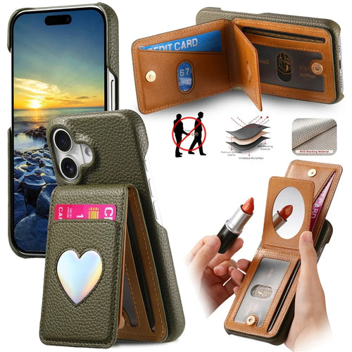 For iPhone 16 Case with Mirror Card Holder RFID Blocking Litchi Texture PU PC Phone Back Cover - Midnight Green - 1