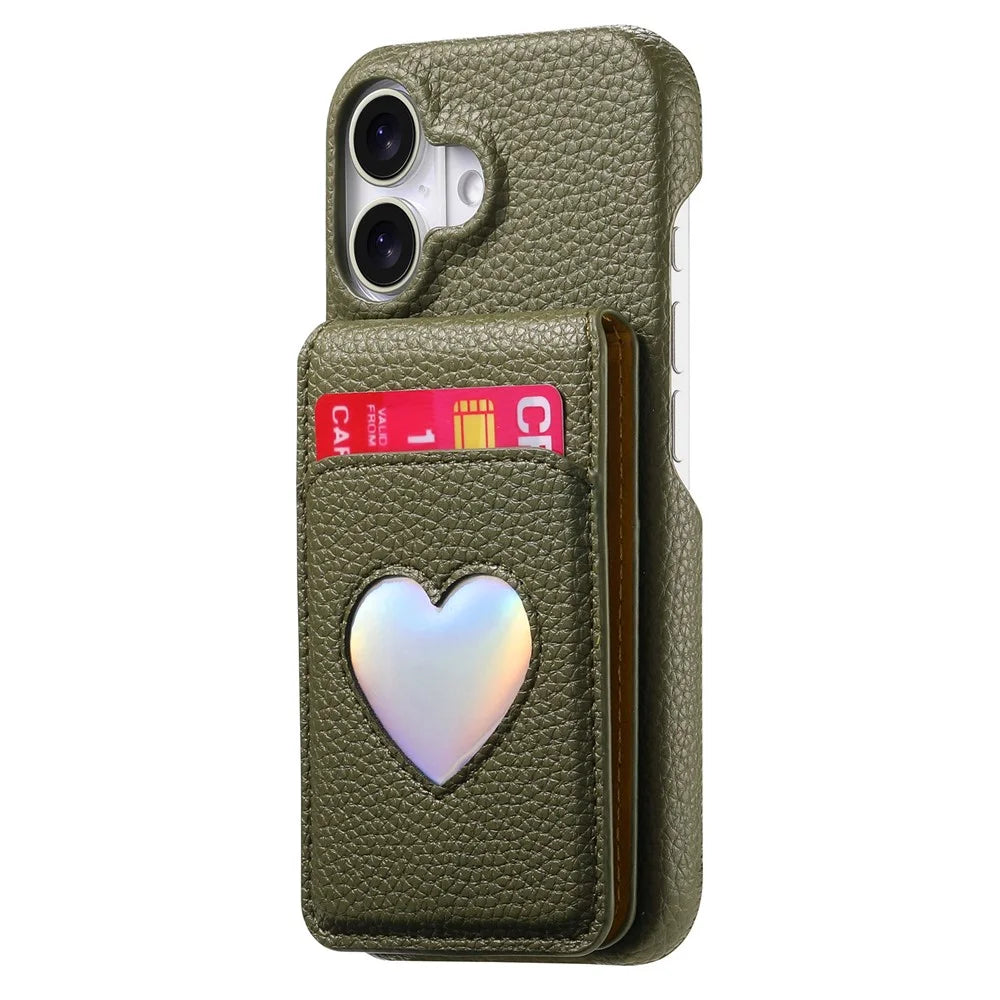 For iPhone 16 Case with Mirror Card Holder RFID Blocking Litchi Texture PU PC Phone Back Cover - Midnight Green - 2
