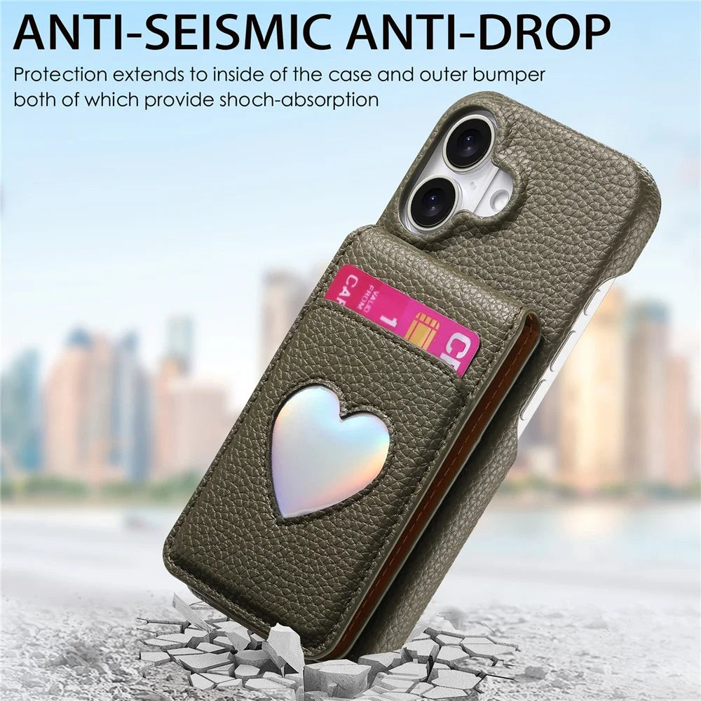 For iPhone 16 Case with Mirror Card Holder RFID Blocking Litchi Texture PU PC Phone Back Cover - Midnight Green - 5