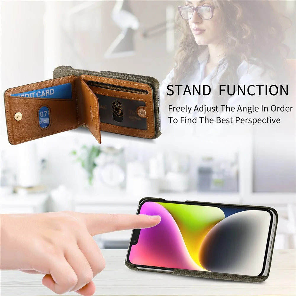 For iPhone 16 Case with Mirror Card Holder RFID Blocking Litchi Texture PU PC Phone Back Cover - Midnight Green - 7