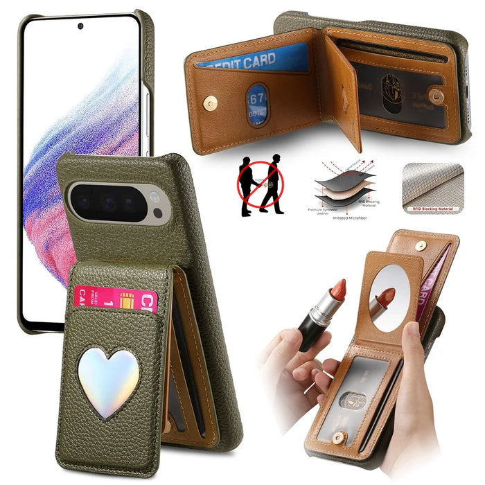 For Google Pixel 10 Pro XL  /  9 Pro XL Case with Mirror Card Holder RFID Blocking Litchi Texture PU PC Phone Back Cover - Midnight Green - 1