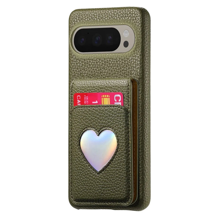 For Google Pixel 10 Pro XL  /  9 Pro XL Case with Mirror Card Holder RFID Blocking Litchi Texture PU PC Phone Back Cover - Midnight Green - 2