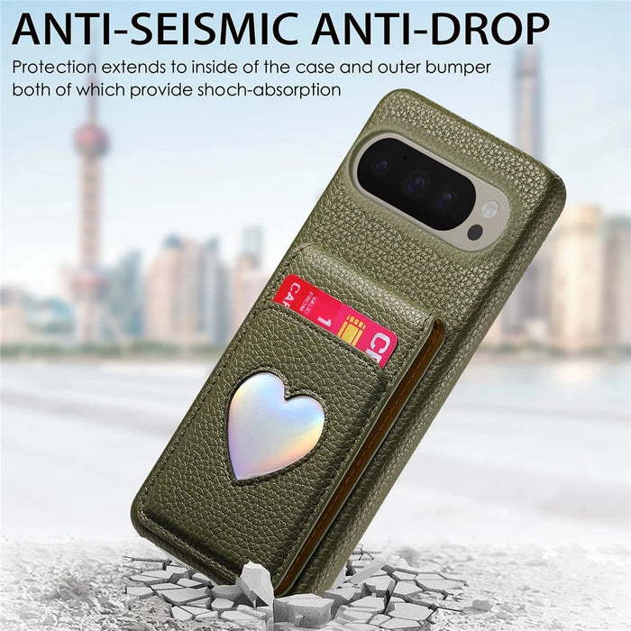 For Google Pixel 10 Pro XL  /  9 Pro XL Case with Mirror Card Holder RFID Blocking Litchi Texture PU PC Phone Back Cover - Midnight Green - 5