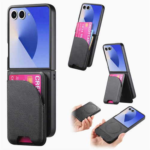 For Samsung Galaxy Z Flip7 5G Magnetic Case Kickstand Denim Texture Leather Back Cover with Detachable Card Bag - Black - 1