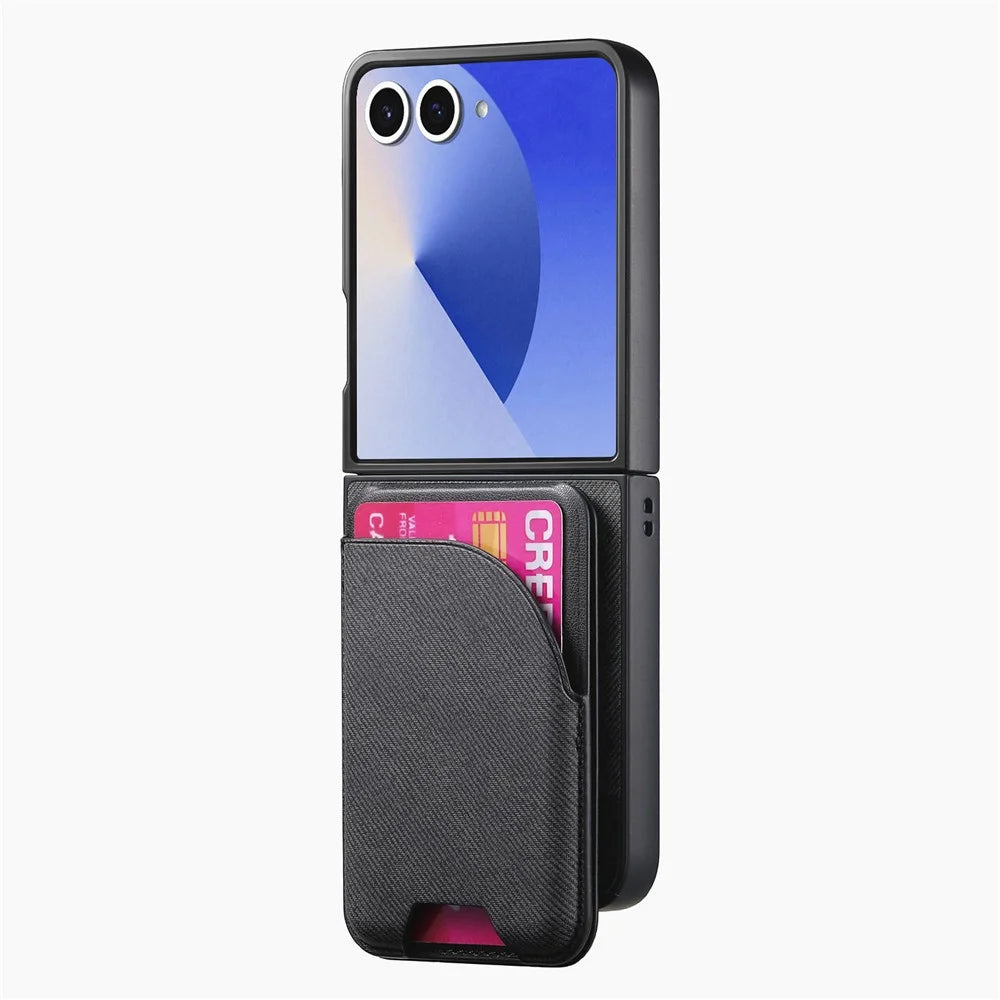 For Samsung Galaxy Z Flip7 5G Magnetic Case Kickstand Denim Texture Leather Back Cover with Detachable Card Bag - Black - 2