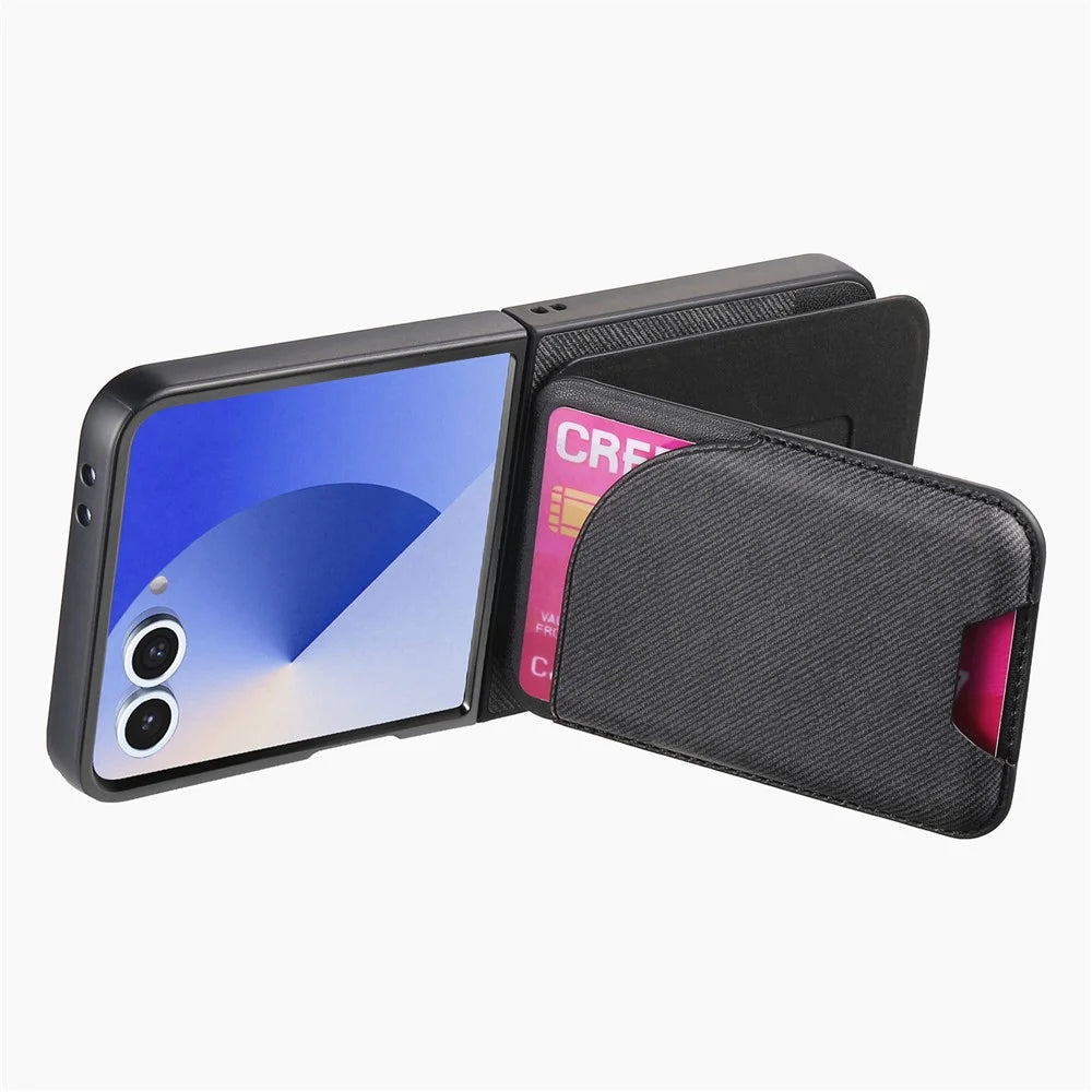 For Samsung Galaxy Z Flip7 5G Magnetic Case Kickstand Denim Texture Leather Back Cover with Detachable Card Bag - Black - 3
