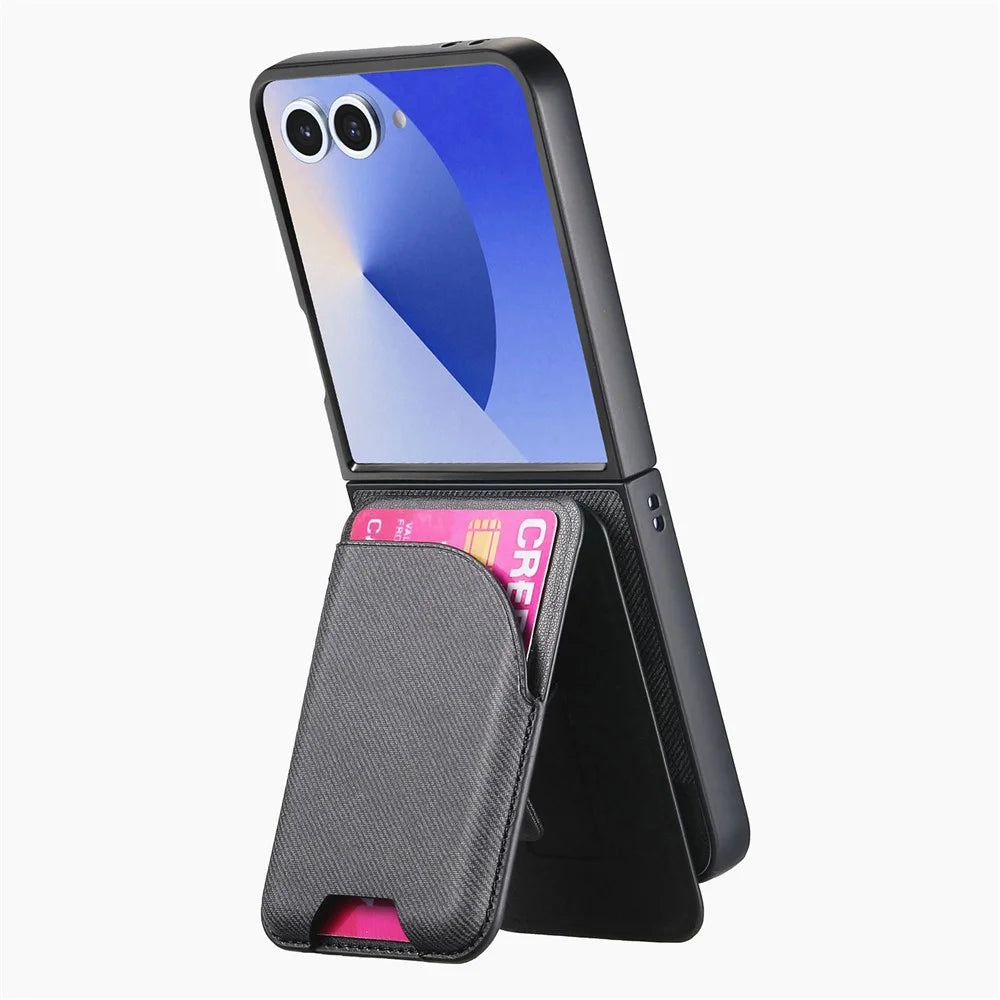 For Samsung Galaxy Z Flip7 5G Magnetic Case Kickstand Denim Texture Leather Back Cover with Detachable Card Bag - Black - 4