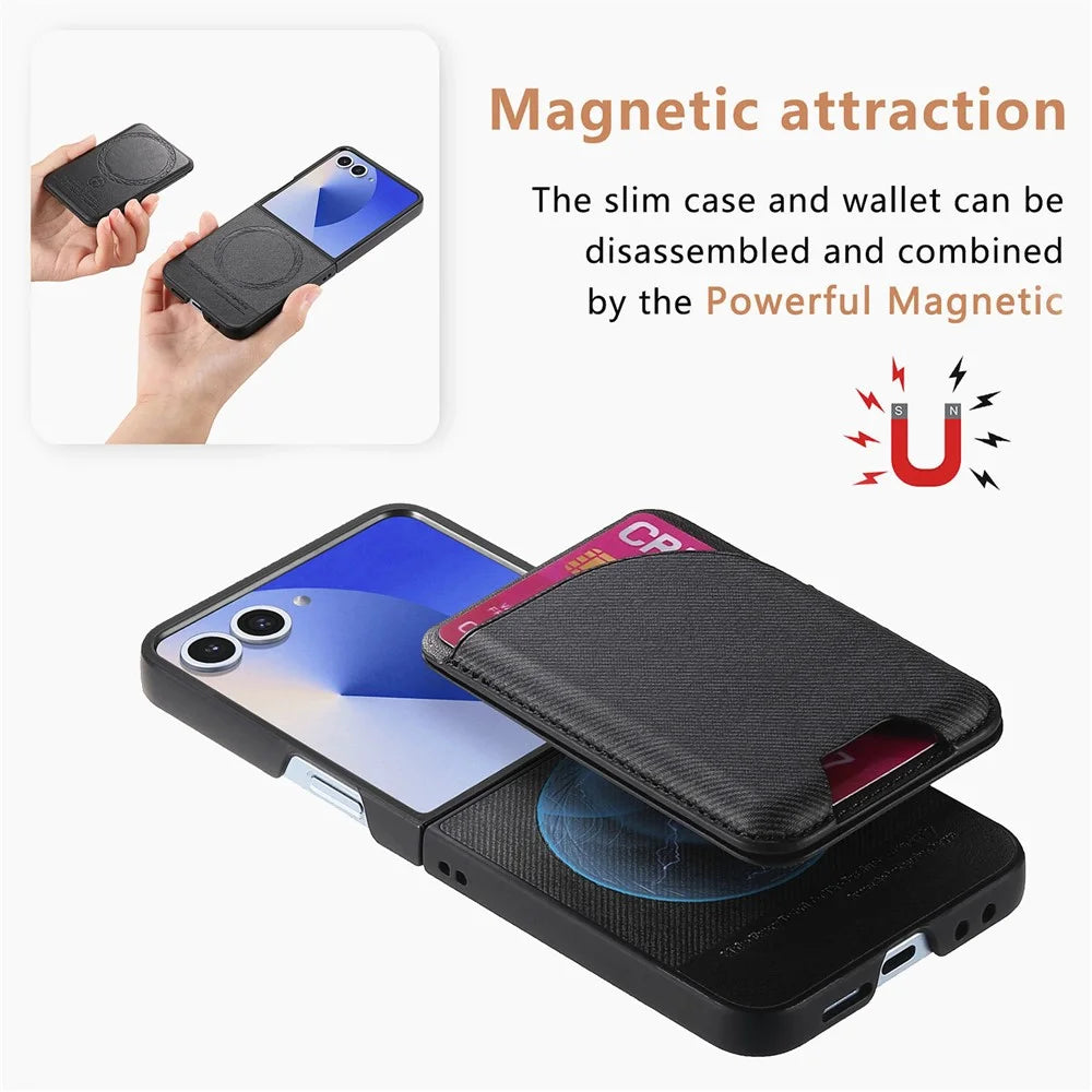 For Samsung Galaxy Z Flip7 5G Magnetic Case Kickstand Denim Texture Leather Back Cover with Detachable Card Bag - Black - 6