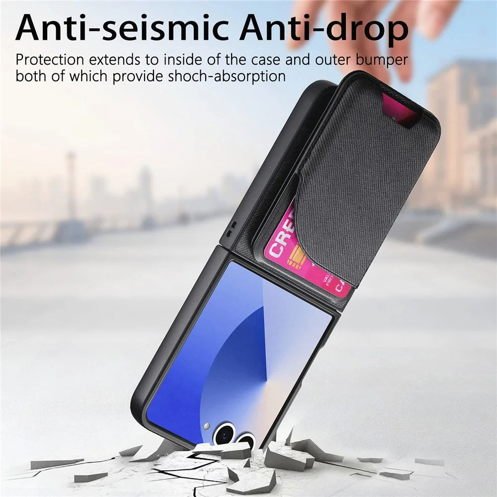 For Samsung Galaxy Z Flip7 5G Magnetic Case Kickstand Denim Texture Leather Back Cover with Detachable Card Bag - Black - 7
