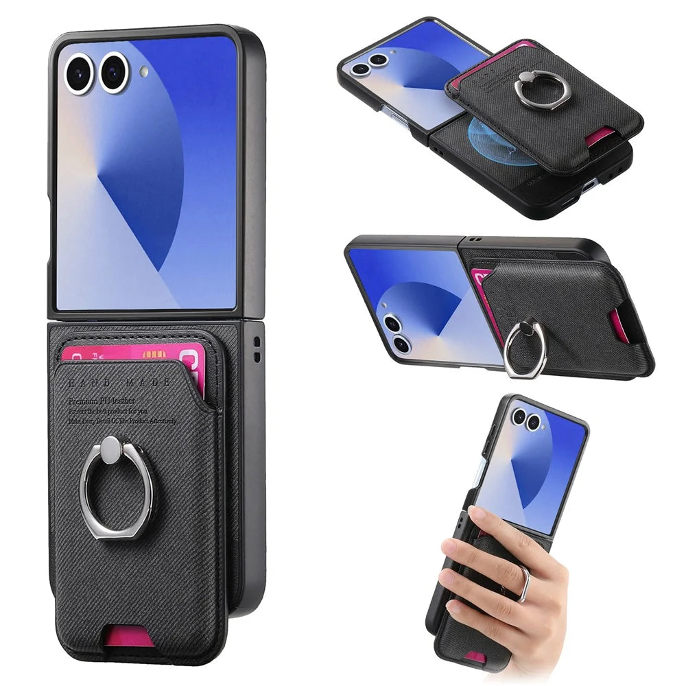 For Samsung Galaxy Z Flip7 5G Magnetic Case Twill Texture Leather Back Cover with Card Bag - Black - 1