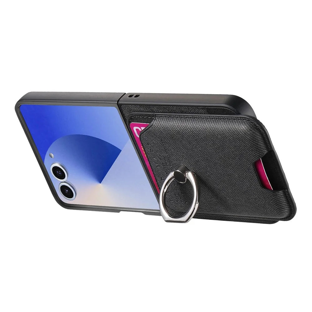 For Samsung Galaxy Z Flip7 5G Magnetic Case Twill Texture Leather Back Cover with Card Bag - Black - 2