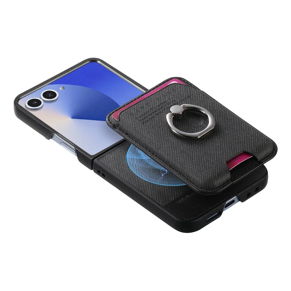 For Samsung Galaxy Z Flip7 5G Magnetic Case Twill Texture Leather Back Cover with Card Bag - Black - 3