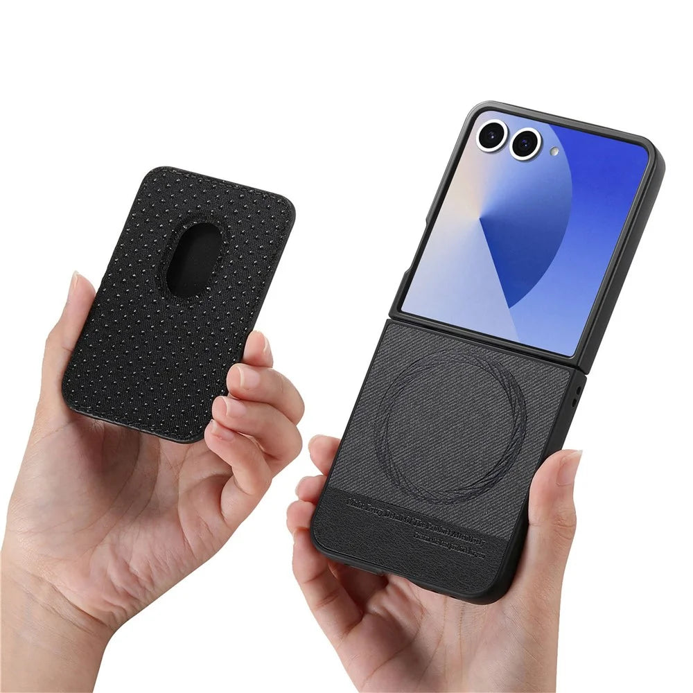 For Samsung Galaxy Z Flip7 5G Magnetic Case Twill Texture Leather Back Cover with Card Bag - Black - 4