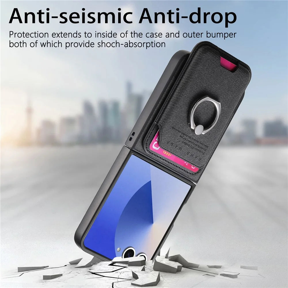 For Samsung Galaxy Z Flip7 5G Magnetic Case Twill Texture Leather Back Cover with Card Bag - Black - 5