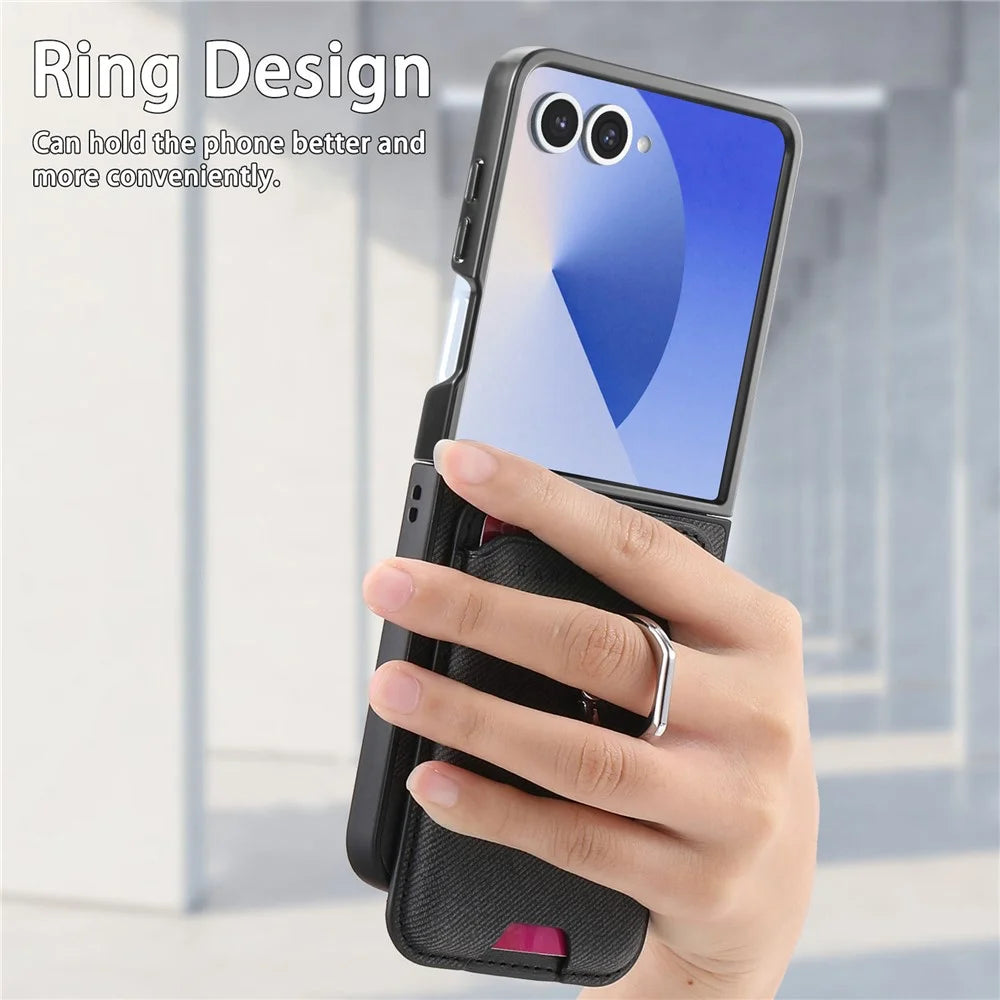 For Samsung Galaxy Z Flip7 5G Magnetic Case Twill Texture Leather Back Cover with Card Bag - Black - 6
