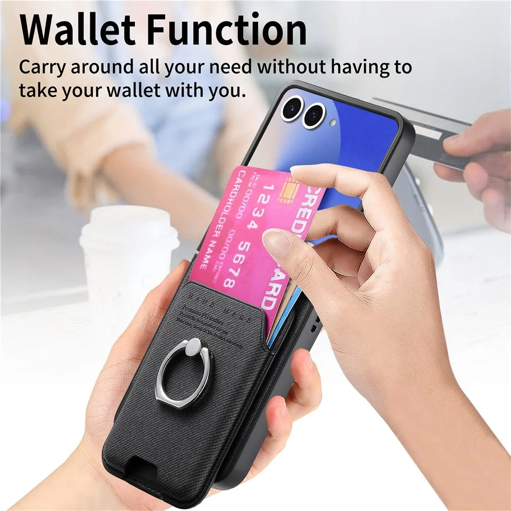 For Samsung Galaxy Z Flip7 5G Magnetic Case Twill Texture Leather Back Cover with Card Bag - Black - 7